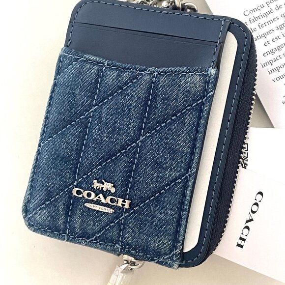 Coach CAR26 Quilted Zip Card Case Blue Denim Leather ID Wallet with Chain Strap - Picture 4 of 5